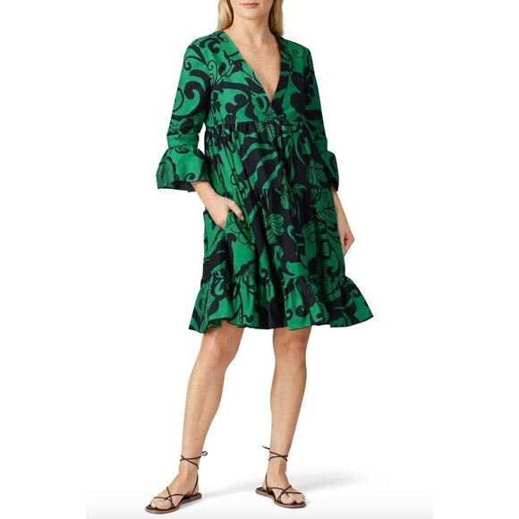 La Double J Jennifer Jane Tiered A-line Mini Dress Green Black Womens L - Picture 1 of 14
